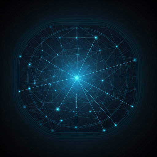 abstract top-down map interface showing glowing transit lines and node connections in a dark blue and neon palette