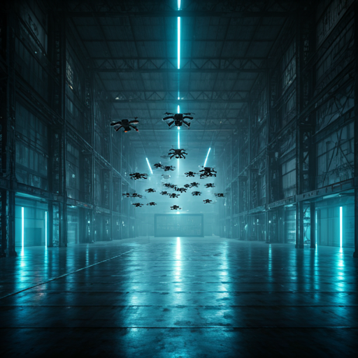 futuristic swarm of small drones flying in formation inside a high-tech dark warehouse with cyan light trails